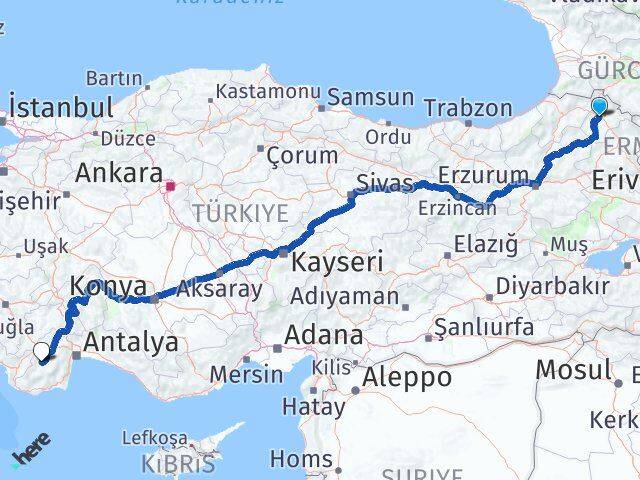 Ardahan Elmalı Antalya Arası Kaç Km - Yol Haritası