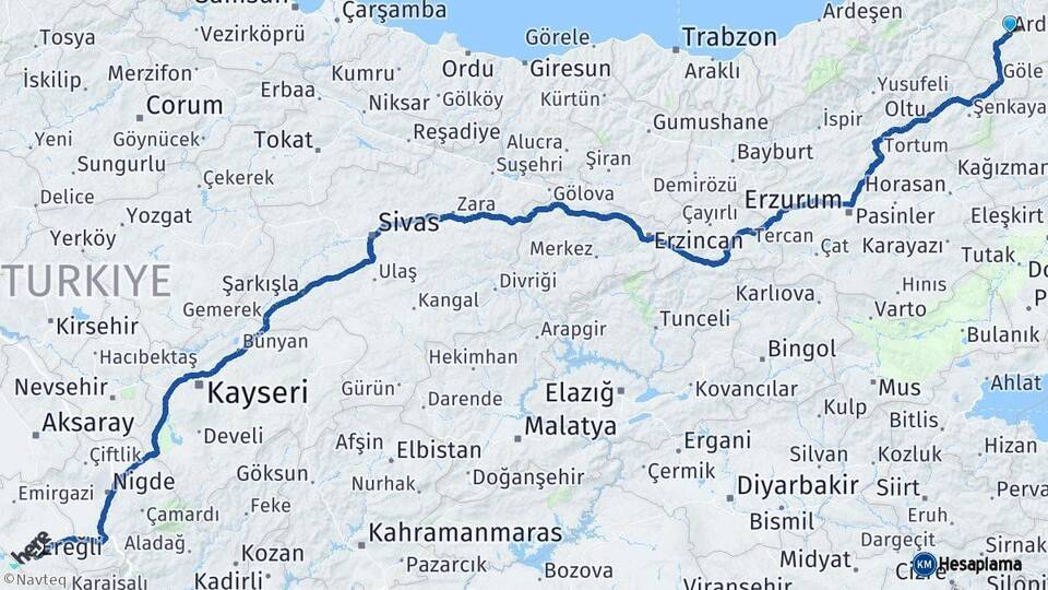 Ardahan Ereğli Konya Arası Kaç Km - Yol Haritası