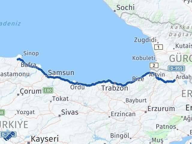 Ardahan Erfelek Sinop Arası Kaç Km - Yol Haritası