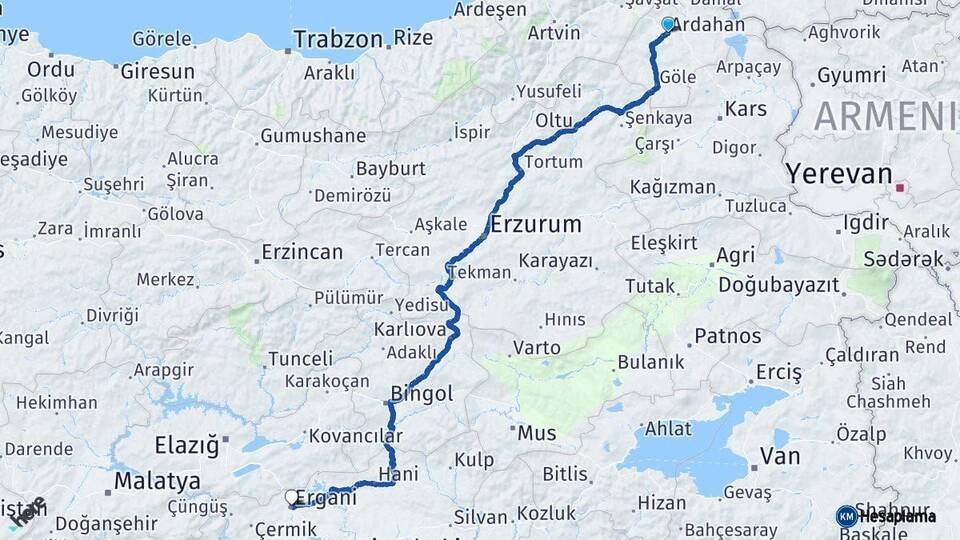 Ardahan Ergani Diyarbakır Arası Kaç Km - Yol Haritası