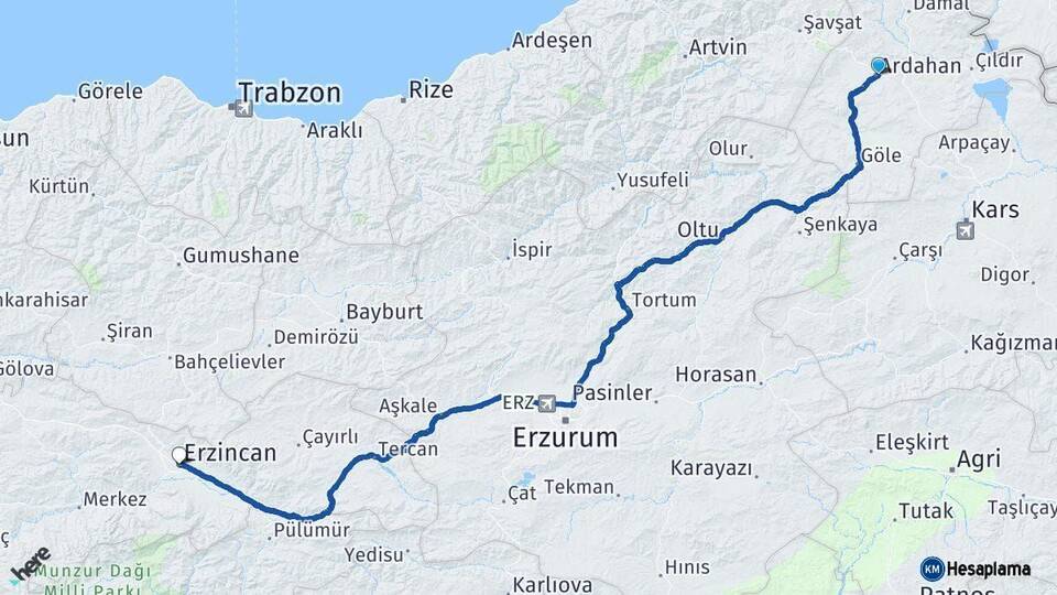 Ardahan Erzincan Arası Kaç Km - Yol Haritası