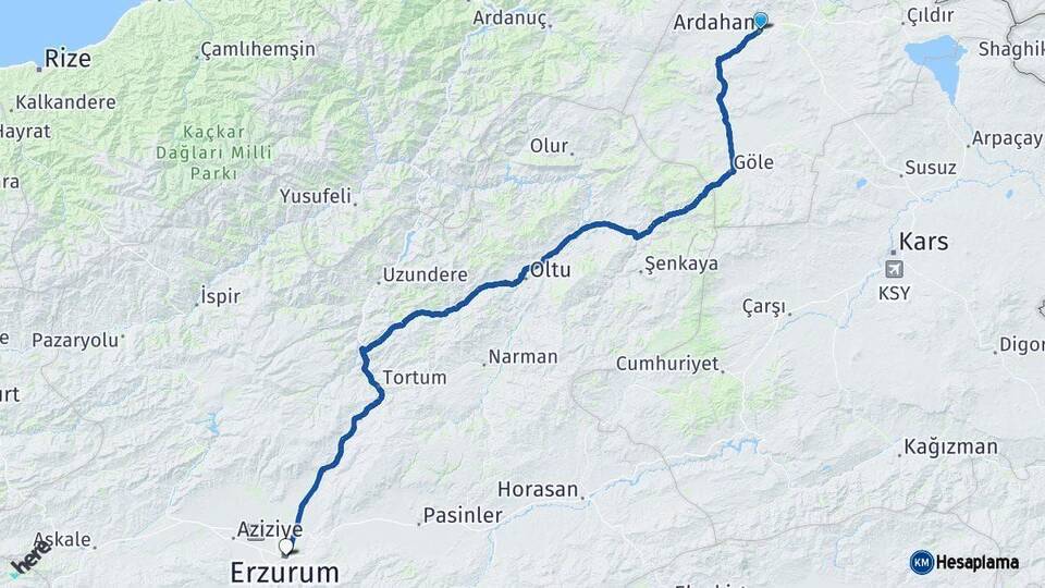 Ardahan Erzurum Arası Kaç Km - Yol Haritası