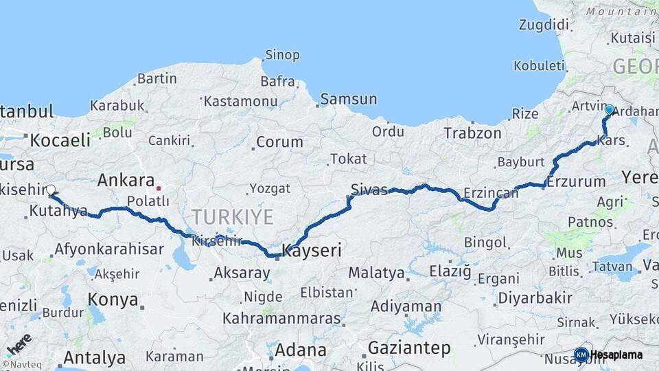 Ardahan Eskişehir Arası Kaç Km - Yol Haritası