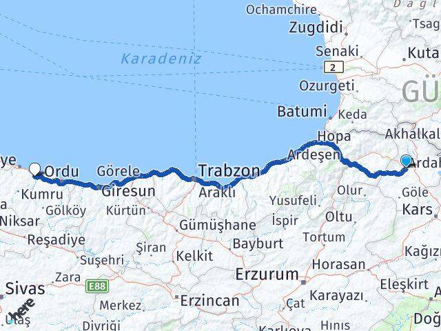 Ardahan Fatsa Ordu Arası Kaç Km - Yol Haritası