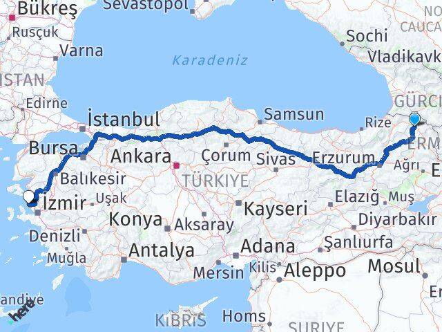 Ardahan Foça İzmir Arası Kaç Km - Yol Haritası