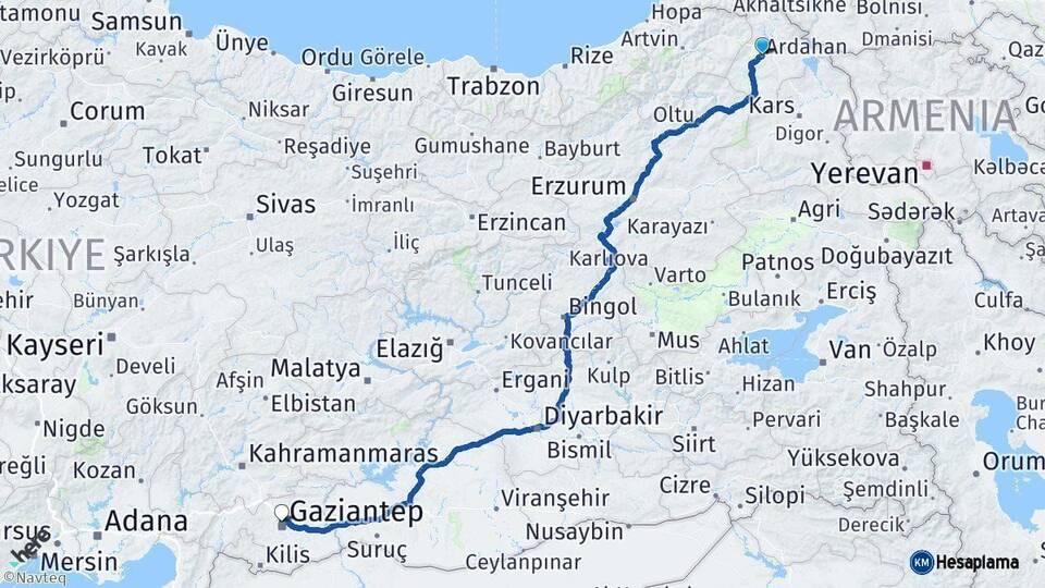 Ardahan Gaziantep Arası Kaç Km - Yol Haritası