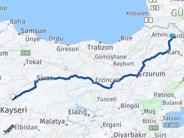 Ardahan Gemerek Sivas Arası Kaç Km - Yol Haritası