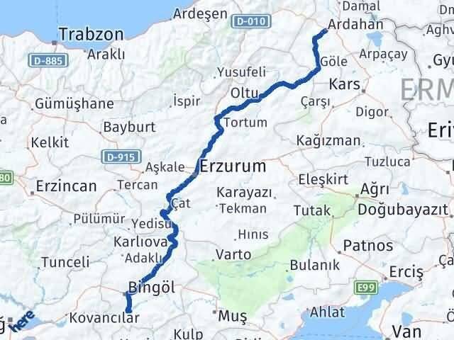 Ardahan Genç Bingöl Arası Kaç Km - Yol Haritası