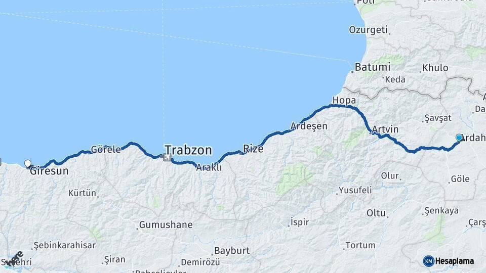 Ardahan Giresun Arası Kaç Km - Yol Haritası