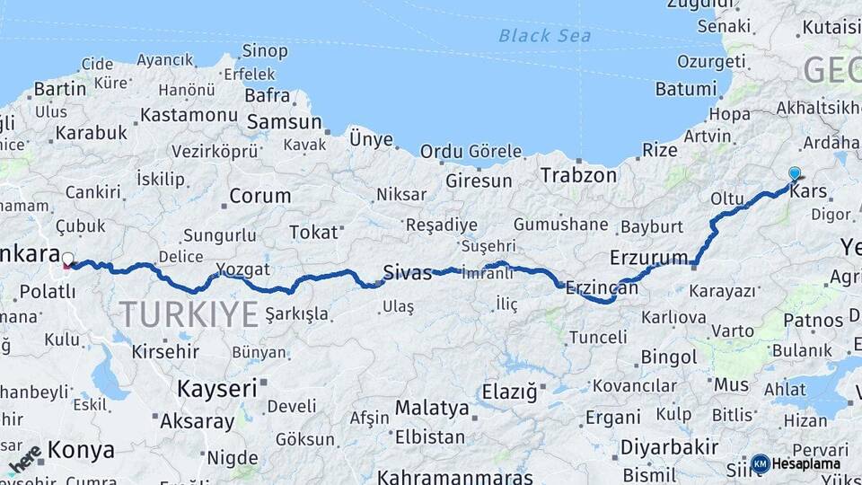 Ardahan Göle Ankara Arası Kaç Km - Yol Haritası