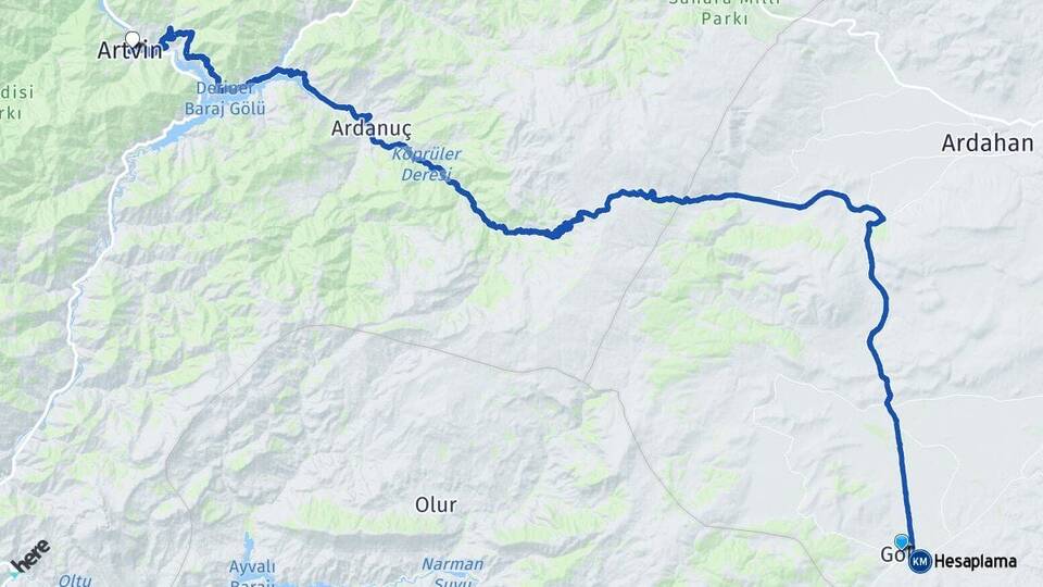 Ardahan Göle Artvin Arası Kaç Km - Yol Haritası
