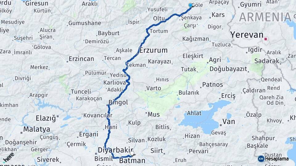 Ardahan Göle Batman Arası Kaç Km - Yol Haritası