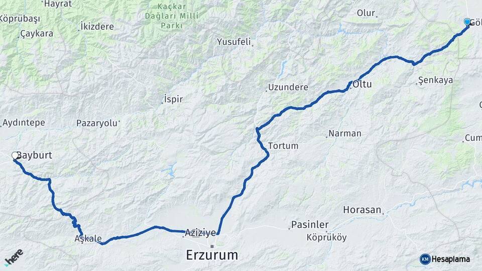 Ardahan Göle Bayburt Arası Kaç Km - Yol Haritası