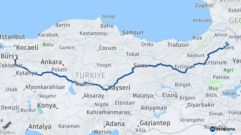 Ardahan Göle Bilecik Arası Kaç Km - Yol Haritası