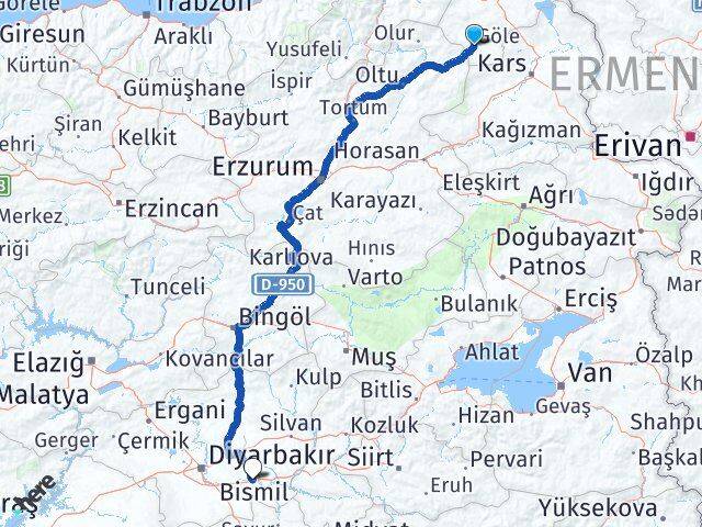 Ardahan Göle Bismil Diyarbakır Arası Kaç Km - Yol Haritası
