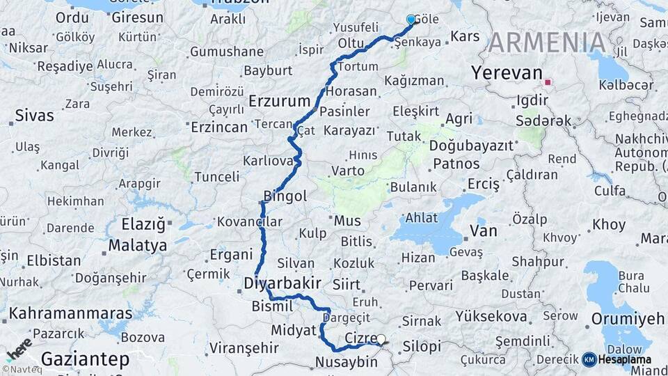 Ardahan Göle Cizre Şırnak Arası Kaç Km - Yol Haritası