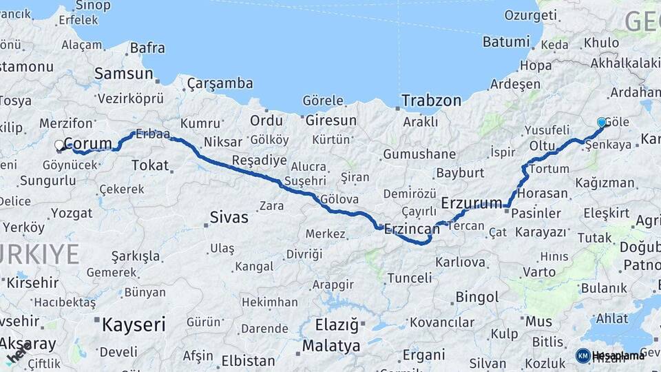 Ardahan Göle Çorum Arası Kaç Km - Yol Haritası