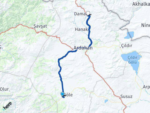 Ardahan Göle Damal Arası Kaç Km - Yol Haritası