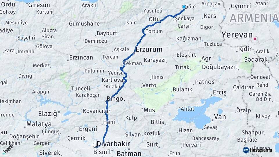 Ardahan Göle Diyarbakır Arası Kaç Km - Yol Haritası