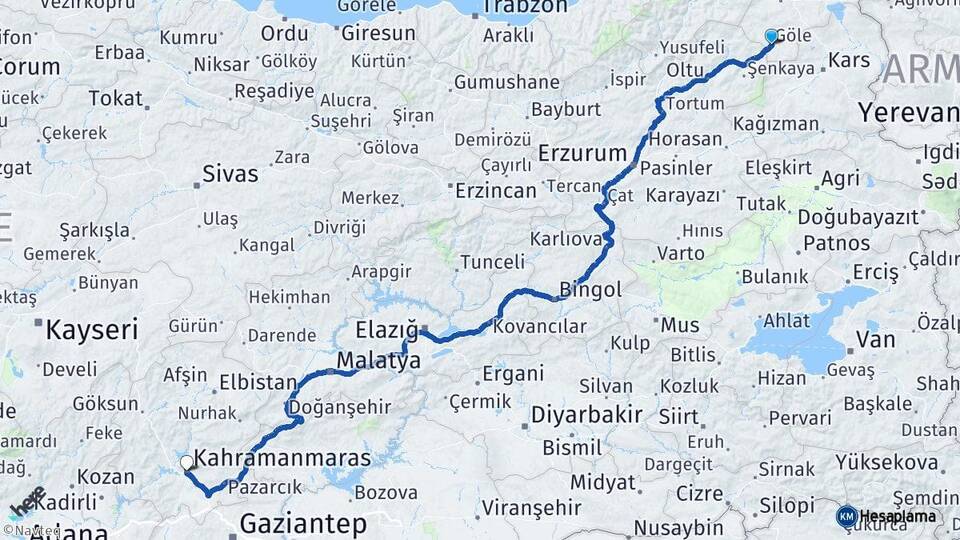 Ardahan Göle Kahramanmaraş Arası Kaç Km - Yol Haritası