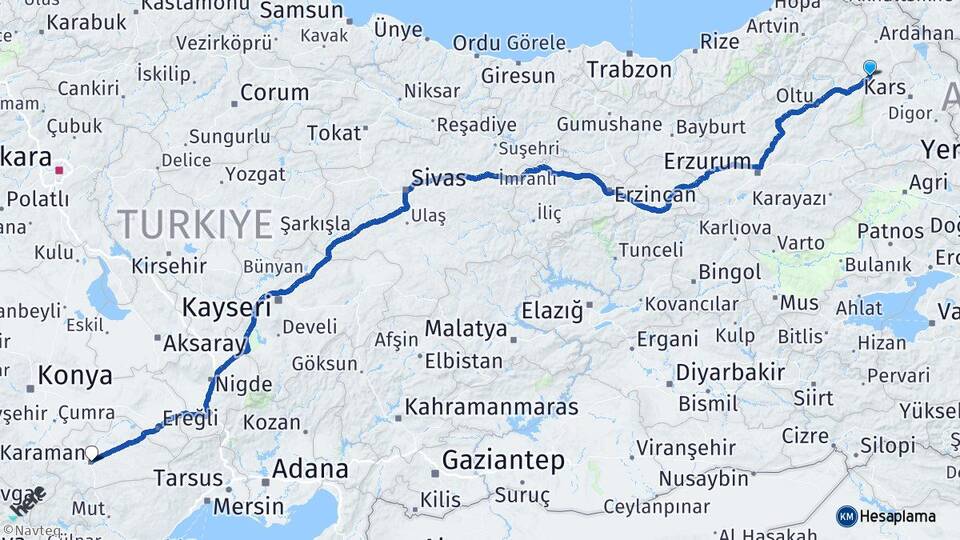 Ardahan Göle Karaman Arası Kaç Km - Yol Haritası