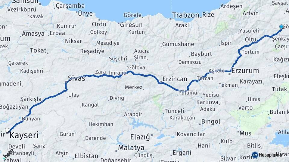 Ardahan Göle Kayseri Arası Kaç Km - Yol Haritası
