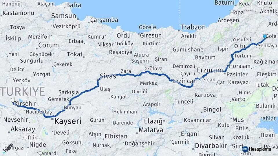 Ardahan Göle Kırşehir Arası Kaç Km - Yol Haritası