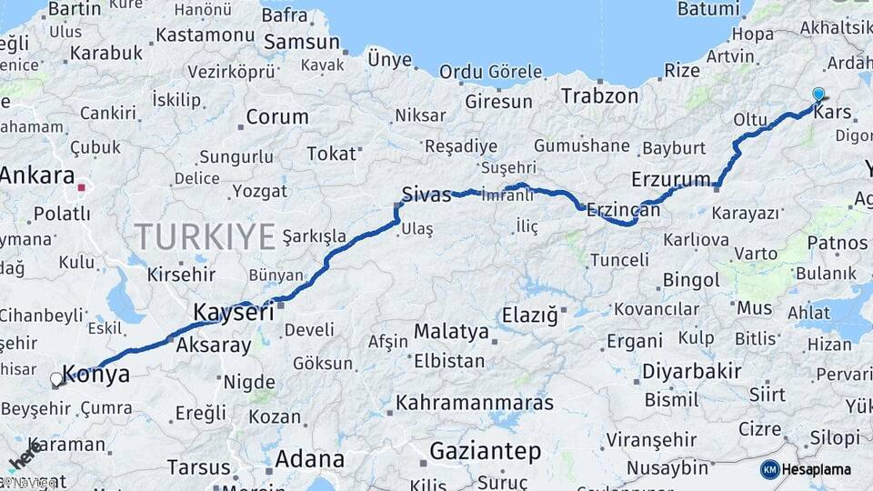 Ardahan Göle Konya Arası Kaç Km - Yol Haritası