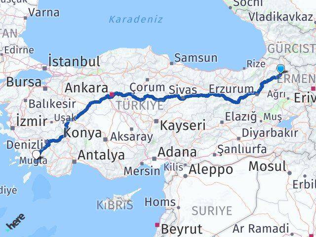 Ardahan Göle Muğla Arası Kaç Km - Yol Haritası