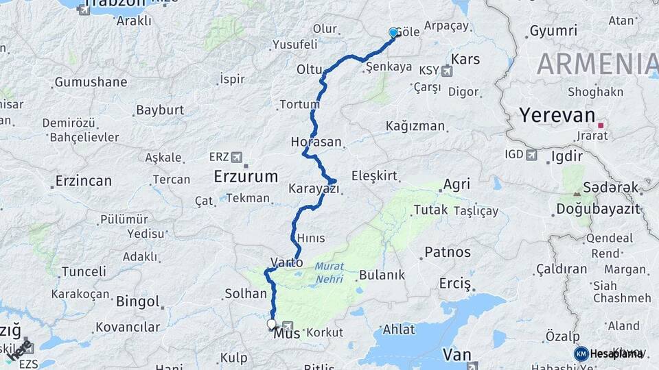 Ardahan Göle Muş Arası Kaç Km - Yol Haritası
