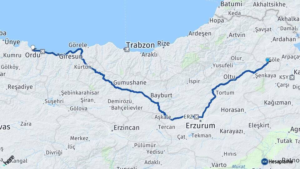Ardahan Göle Ordu Arası Kaç Km - Yol Haritası