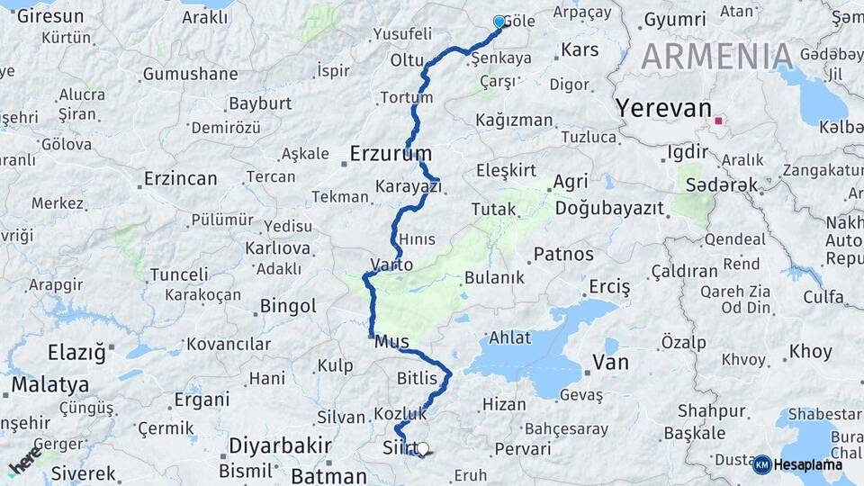Ardahan Göle Siirt Arası Kaç Km - Yol Haritası