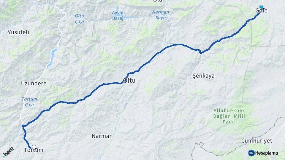 Ardahan Göle Tortum Erzurum Arası Kaç Km - Yol Haritası