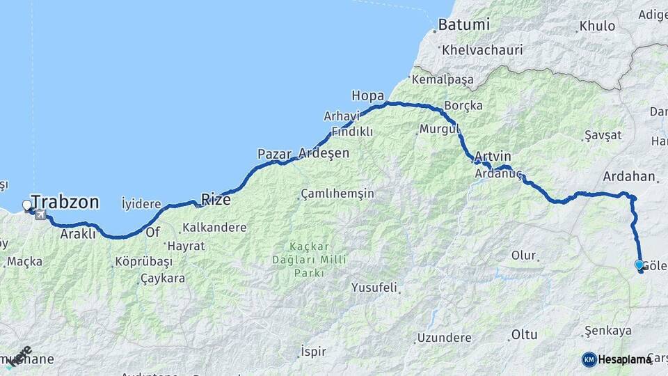 Ardahan Göle Trabzon Arası Kaç Km - Yol Haritası
