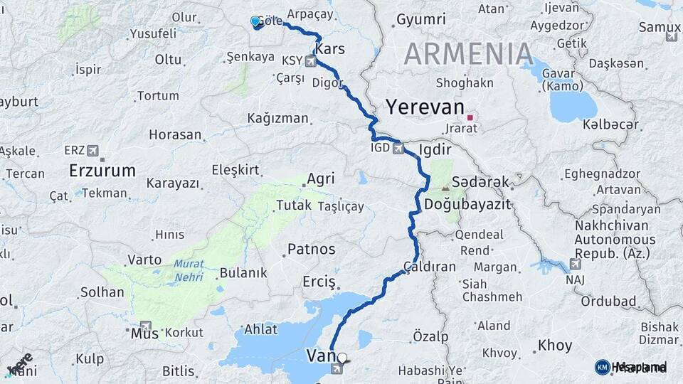 Ardahan Göle Van Arası Kaç Km - Yol Haritası
