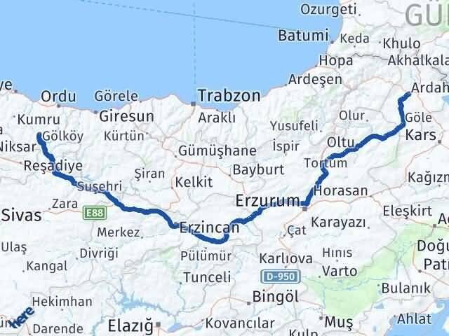 Ardahan Gölköy Ordu Arası Kaç Km - Yol Haritası