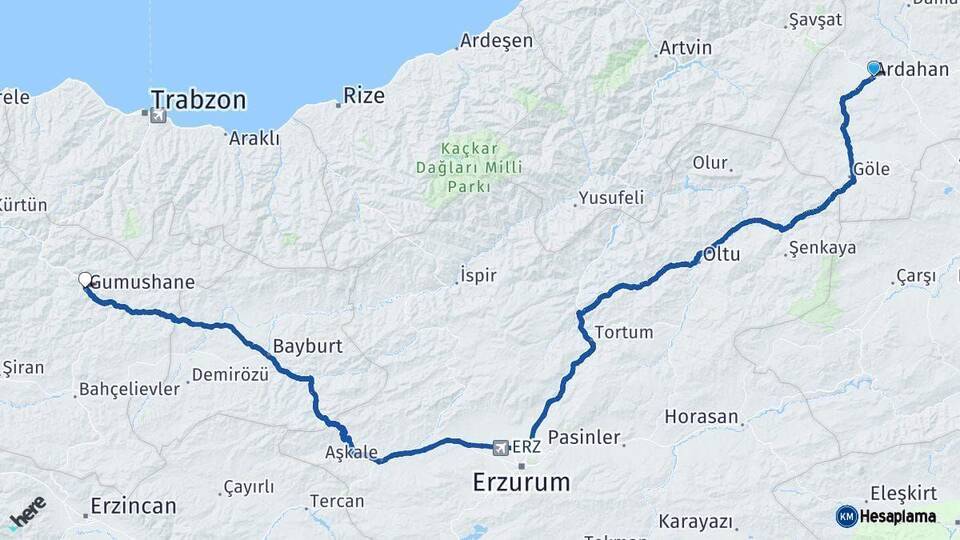 Ardahan Gümüşhane Arası Kaç Km - Yol Haritası