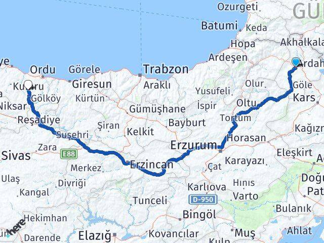 Ardahan Gürgentepe Ordu Arası Kaç Km - Yol Haritası
