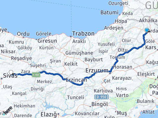 Ardahan Hafik Sivas Arası Kaç Km - Yol Haritası