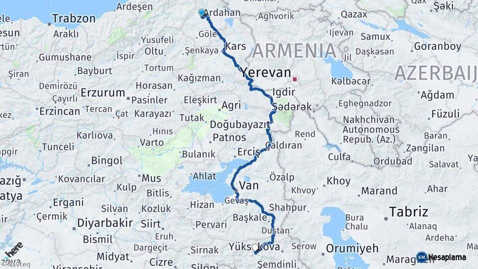 Ardahan Hakkari Arası Kaç Km - Yol Haritası