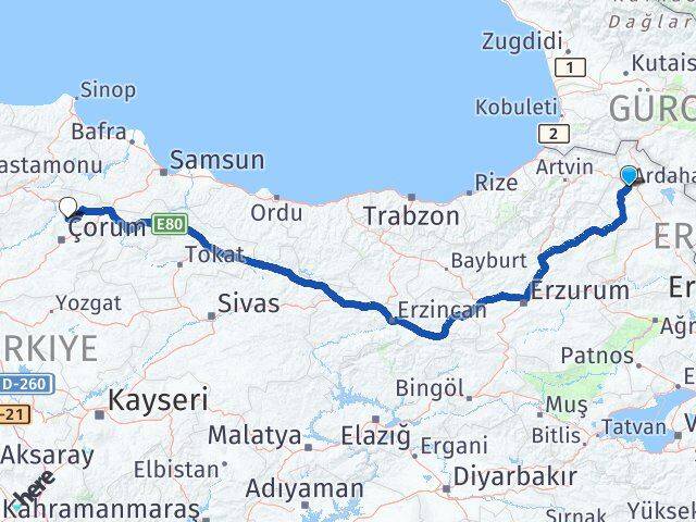 Ardahan Hamamözü Amasya Arası Kaç Km - Yol Haritası