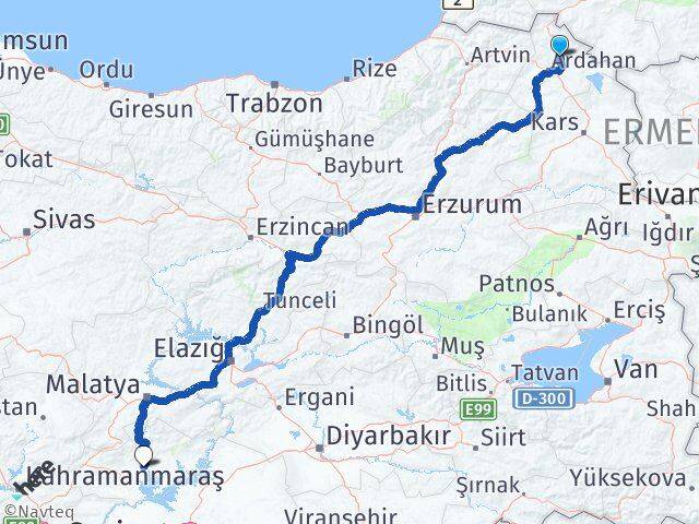 Ardahan Hanak Adıyaman Arası Kaç Km - Yol Haritası