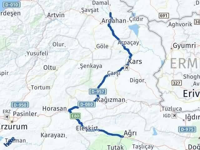 Ardahan Hanak Ağrı Arası Kaç Km - Yol Haritası