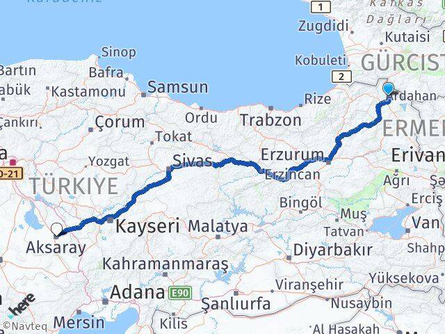 Ardahan Hanak Aksaray Arası Kaç Km - Yol Haritası