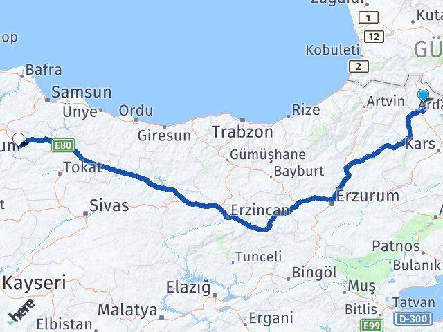 Ardahan Hanak Amasya Arası Kaç Km - Yol Haritası