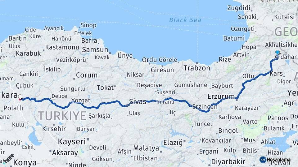 Ardahan Hanak Ankara Arası Kaç Km - Yol Haritası