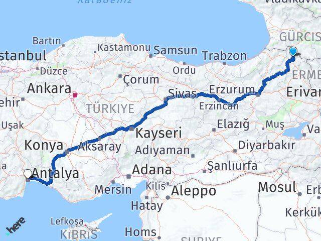 Ardahan Hanak Antalya Arası Kaç Km - Yol Haritası