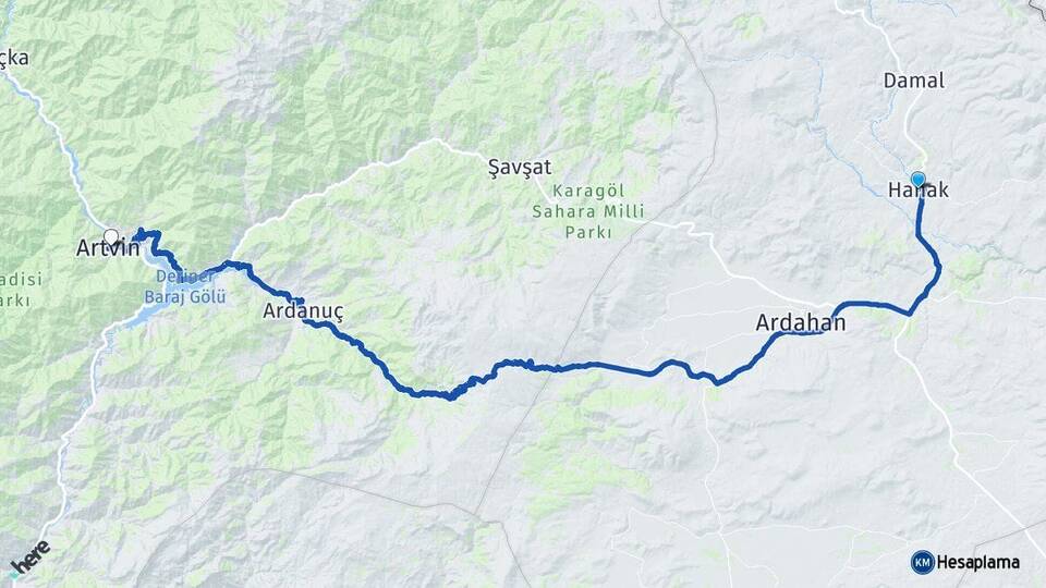 Ardahan Hanak Artvin Arası Kaç Km - Yol Haritası