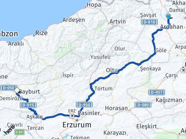 Ardahan Hanak Bayburt Arası Kaç Km - Yol Haritası
