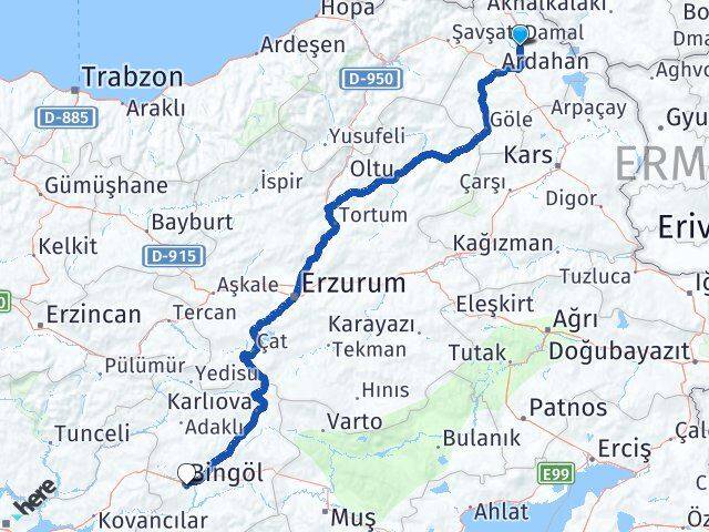 Ardahan Hanak Bingöl Arası Kaç Km - Yol Haritası